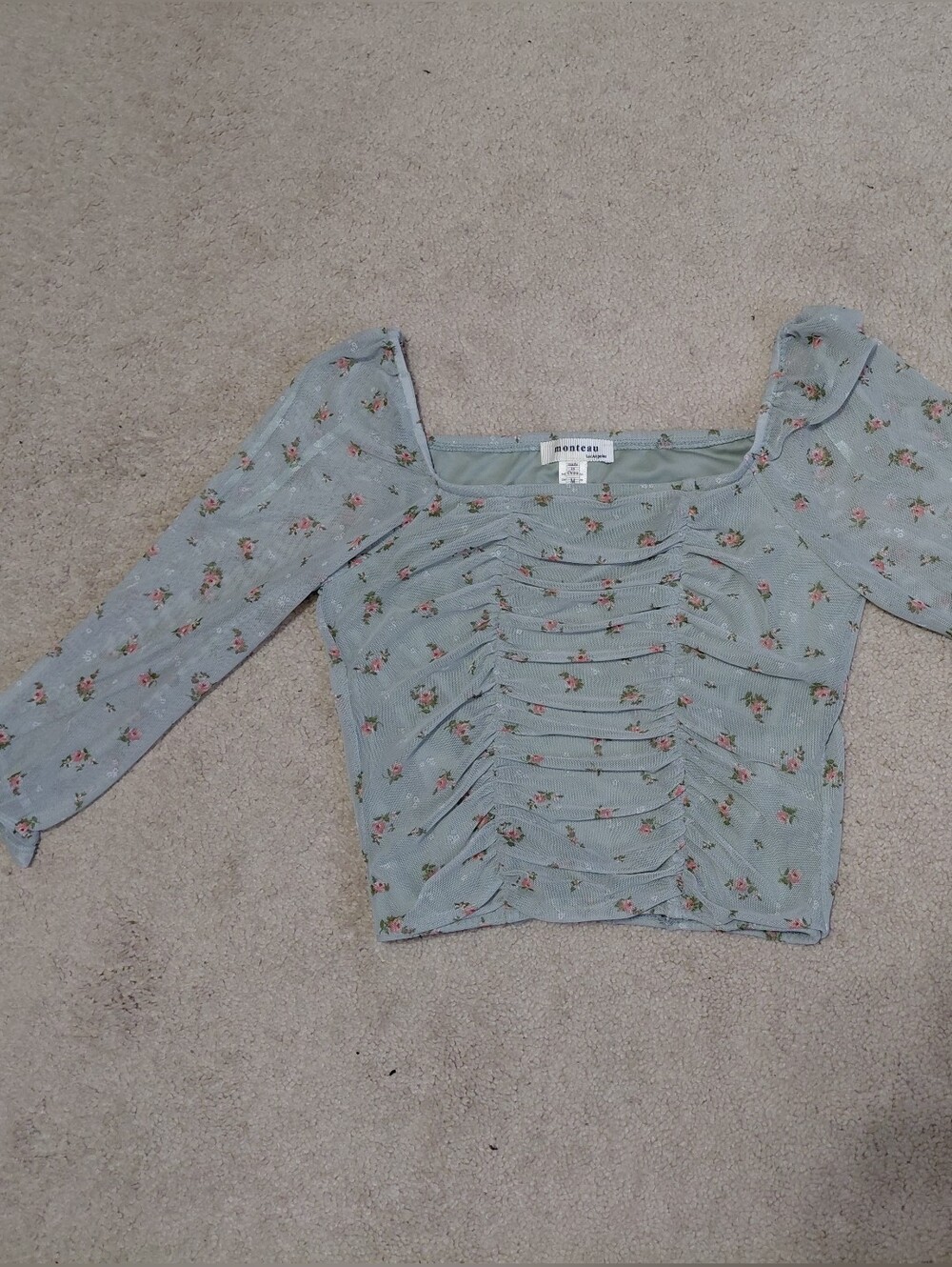Monteau Light Blue Floral Ruched Square Neck Top - Picture 9 of 9